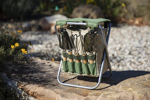 Garden Kneeler And Seat Folding Bench with detachable tote organizer on stone path, olive green with beige accents, tools included