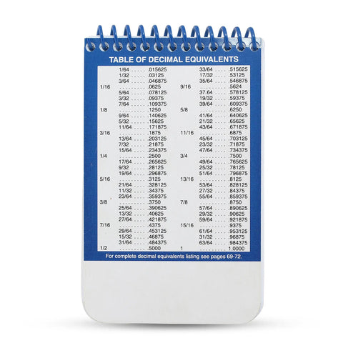 Heavy Duty Machinist Pocket Guide And Machine Shop Handbook displaying table of decimal equivalents on a compact spiral-bound paperback.