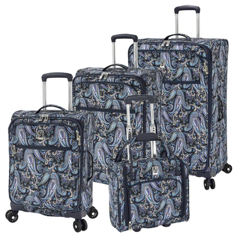Mayfair 4 Piece Softside Luggage Set With USB Port Navy White Paisley 20 Inch Carry-On 25 Inch And 29 Inch Expandable Spinners Plus 15 Inch Underseat Bag Durable Polyester Construction 5 Year Warranty