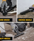 4 Peak HP 6 Gallon Wet And Dry Shop Vacuum With Blower Function for heavy duty cleanup showing round brush, crevice and utility nozzles