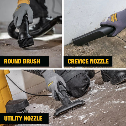 4 Peak HP 6 Gallon Wet And Dry Shop Vacuum With Blower Function for heavy duty cleanup showing round brush, crevice and utility nozzles