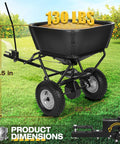 Heavy Duty Tow Behind Fertilizer And Seed Spreader With 130 Lb Hopper And Adjustable Flow Control shown with dimensions