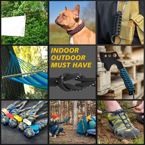 Collage featuring Reflective Paracord Rope 850Lb 4mm 11 Strand Core for various camping and DIY projects in multiple outdoor settings.