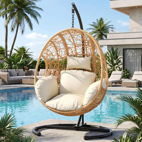 Oversized Hanging Egg Chair With Stand For Indoor And Outdoor Use Wicker Swing Chair With 400Lb Capacity Perfect For Bedroom Patio Garden Or Balcony Beige Nest Extra Wide Comfort For One Person