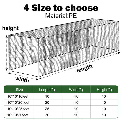 Size options for Heavy Duty Baseball Batting Cage Net 10x10x20 Feet With 10 Carabiners And 4 Tie Ropes Durable Nylon Indoor Outdoor Training Net.