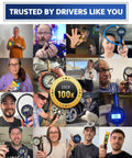 Collage of people holding Heavy Duty Tire Inflator With Pressure Gauge And Extra Long Hose, Accurate Air Chuck For Cars And Trucks, 100 PSI Capacity, Durable Build For Quick Pro Grade Tire Inflation, with central badge reading 'Over 100k'.