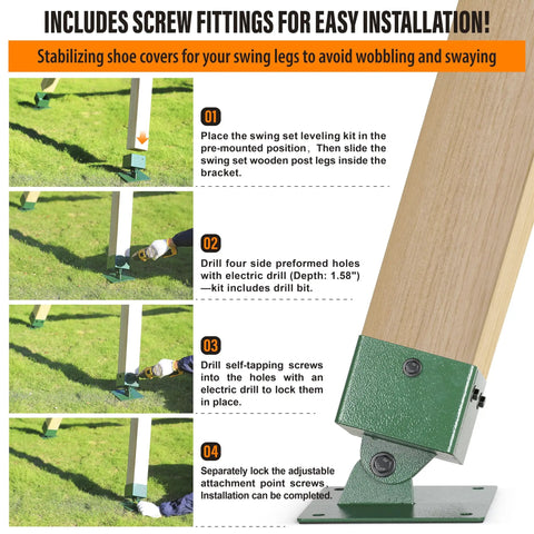 Installation steps for Heavy Duty Swing Brackets Leveling Base Kit For Swing Sets 45 To 60 Degree Adjustable Angles.