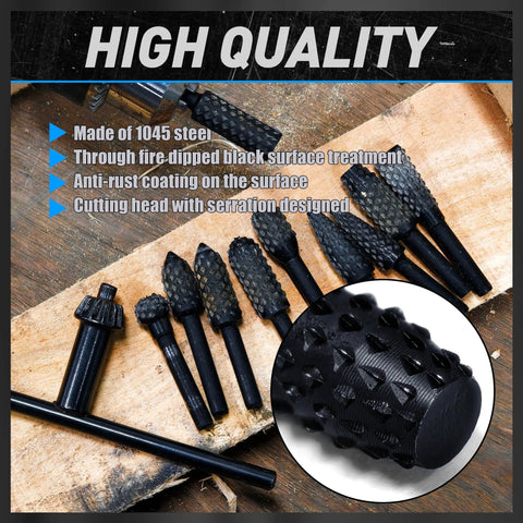 10 Pack Woodworking Twist Drill Bits Set with 6.3mm Shank, Durable 1045 Steel Black Oxide, displayed on wood surface