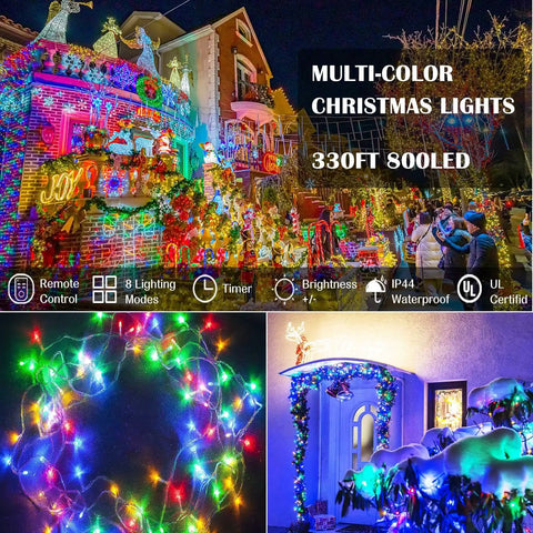 Massive 800LED Multicolor Christmas String Lights 330ft Plus 10ft Lead 8 Modes Timer Waterproof For Indoor Outdoor Decor Perfect For Garden Yard Tree Wedding And Holiday Parties