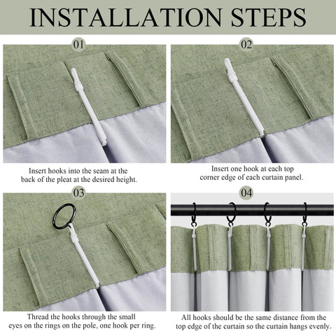 Installation steps for Light Sage Double Layer Blackout Linen Curtains For Living Room And Bedroom, 96 Inch Long Pinch Pleat Drapes With Hooks And Rings.