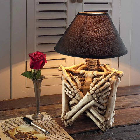 Rest In Pieces Gothic Skeleton Table Lamp With Black Shade 14 Inch Tall Spooky Skeletal Torso Accent For Living Room Or Bedroom Decor Halloween Lighting Dark Vintage Vibe on wooden table