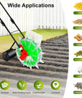 12 Nozzles Hand Push Garden Seeder For Slopes And Terraces, showing seeder in field with various crop icons and uses displayed.