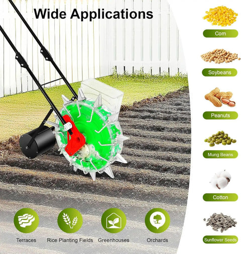 12 Nozzles Hand Push Garden Seeder For Slopes And Terraces, showing seeder in field with various crop icons and uses displayed.