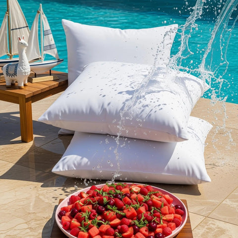 Outdoor Pillow Inserts 18 By 18 Inches Pack Of 2 White No Fuss Water Resistant Throw Pillows by poolside with platter of fruit