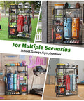 All In One Sports Gear Organizer For Home Garage Club And Basement With Dual Golf Bag Storage and shelves in various settings