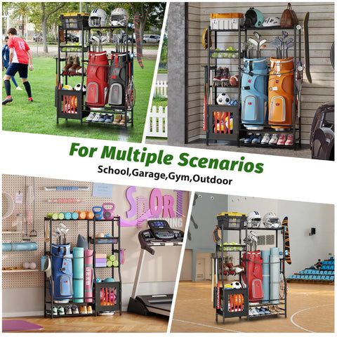 All In One Sports Gear Organizer For Home Garage Club And Basement With Dual Golf Bag Storage and shelves in various settings