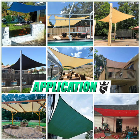 Collage of White 10x10 Sun Shade Sail Canopy For Outdoor Patio Backyard Ready Deck Carport With 95 UV Blockage Upf50 Plus Breathable Heavy Duty Water Permeable HDPE Fabric Custom Size Options in various settings.