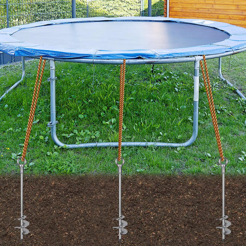 30 Inch Ground Screw In Anchors Heavy Duty 12mm Solid Steel With 3 Inch Spiral Blade securing trampoline to ground