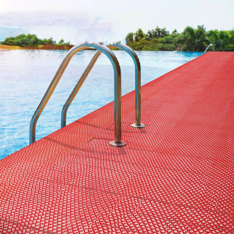 Commercial Drainage Floor Mat 3 ft by 16 ft Non Slip Heavy Duty Wet Area Mat for Indoor Outdoor Use Pool Kitchen Bathroom PVC Mesh Hollow 0.22 in Thick Red shown poolside