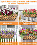 Two Pack 16 Inch Window Box Planters With Coco Liner For Railing, Metal Deck Hanging Planters shown on windowsill and balcony