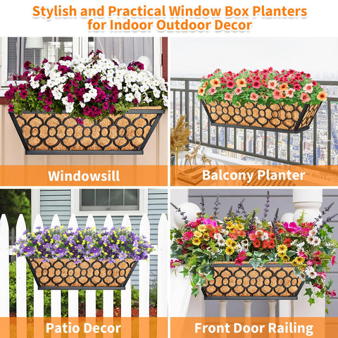 Two Pack 16 Inch Window Box Planters With Coco Liner For Railing, Metal Deck Hanging Planters shown on windowsill and balcony