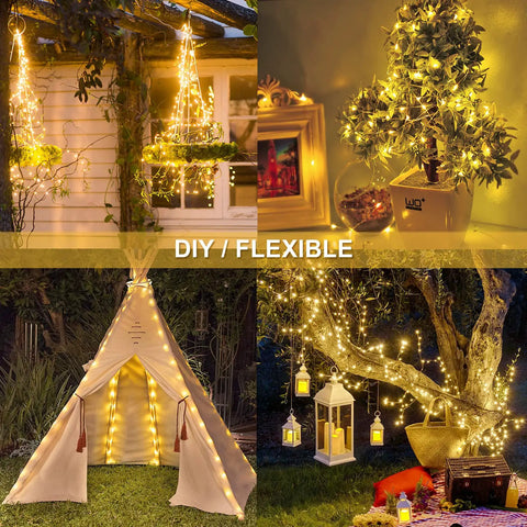2 Pack Outdoor Solar String Lights With 33 Feet Copper Wire, 100 LED Warm White Fairy Lights, Waterproof, 8 Modes, lit scenes