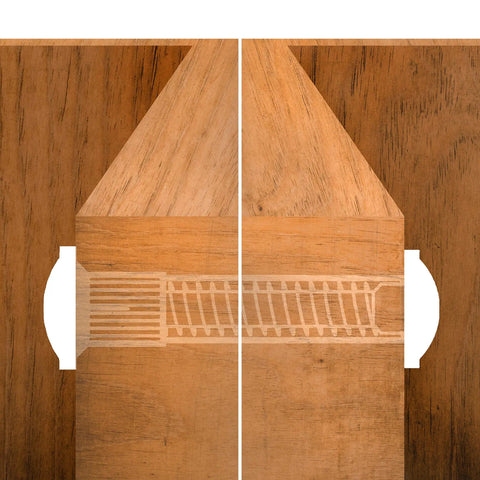 100 Pack Top Shelf Cabinet Screws And No Spin Panel Connectors For Rock Solid Woodworking Assembly Kit shown in close-up of joint.