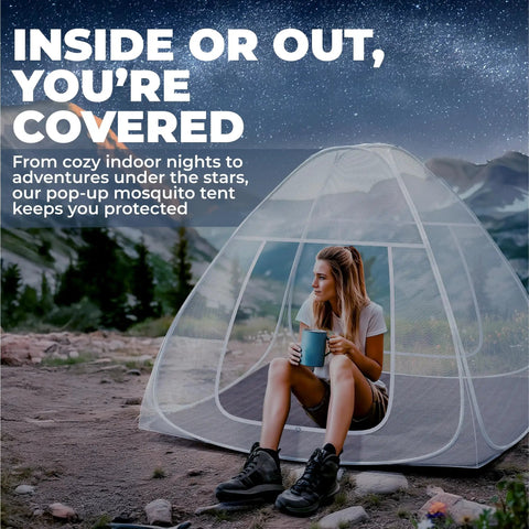 Woman sitting inside Pop Up Mosquito Net For Bed And Camping Indoor Outdoor Bug Mesh Shelter with Quick No Tool Setup