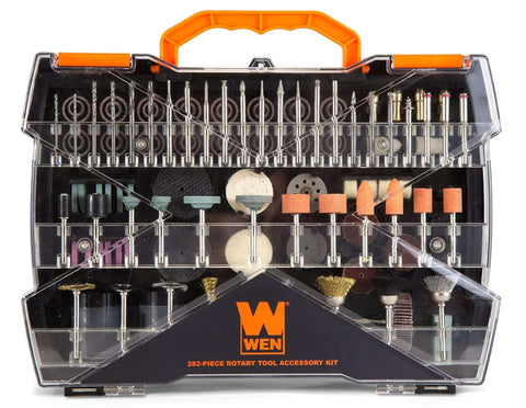 WEN 230282A 282-piece rotary tool accessory kit in clear carrying case with orange handle