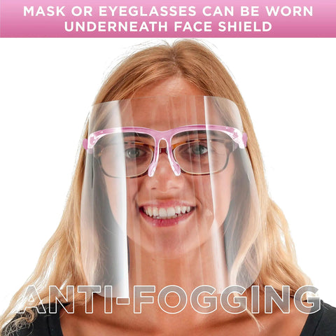 Woman wearing Pack Of 4 Pink Frame Face Shields With Ultra Clear Full Face Protection, Anti Fog PET Plastic Goggles, over eyeglasses.