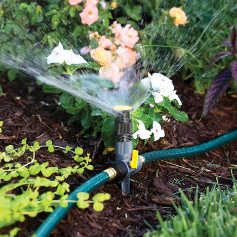 Adjustable Spike Sprinkler Bundle With Three Sprinklers And Two 15 Foot Hoses waters garden flowers gently