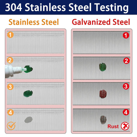 304 Stainless Steel Testing comparison for rust resistance vs Galvanized Steel with visual results.