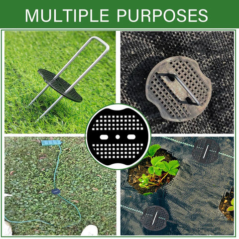 250 Piece Landscape Washer Gasket Set Heavy Duty Plastic Anti Rip Washers For Weed Barrier Fabric Ideal For Garden Lawn Greenhouse And Outdoor Landscaping, shown in various applications.