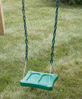 Stand Up Swing For Backyard Playsets With 14x14 Inch Base Coated Chains Pinch Free Design in green on grass