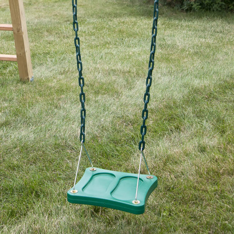 Stand Up Swing For Backyard Playsets With 14x14 Inch Base Coated Chains Pinch Free Design in green on grass