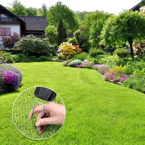 Heavy Duty Tough As Nails 5 Inch 11 Gauge Galvanized Garden Stakes U Shaped Ground Staples securing landscape fabric