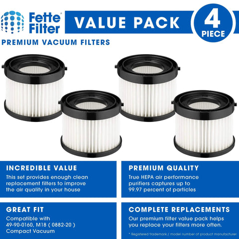 Milwaukee M18 Compact Vacuum HEPA Dry Filter Replacement Pack Four Filters 49-90-0160 49-90-1951 Compatible With 0882-20