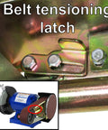 Detail of belt tensioning latch on Heavy Duty 1 HP Workhorse Industrial Belt And Bench Grinder Combo featuring Multitool attachment.
