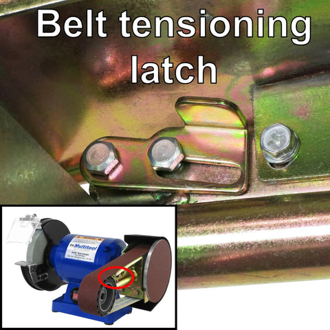 Detail of belt tensioning latch on Heavy Duty 1 HP Workhorse Industrial Belt And Bench Grinder Combo featuring Multitool attachment.