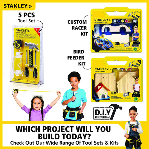 Junior Tool Belt Set For Kids Ages 5 And Up With Realistic Play Tools And Tough High Strength Fabric In Mixed Colors displayed with project kits.