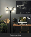 Five Head LED Floor Lamp With Dimmable 4000 Lumens, Tall Adjustable Standing Light With Interchangeable Shades, Black in home office