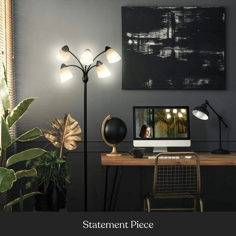 Five Head LED Floor Lamp With Dimmable 4000 Lumens, Tall Adjustable Standing Light With Interchangeable Shades, Black in home office