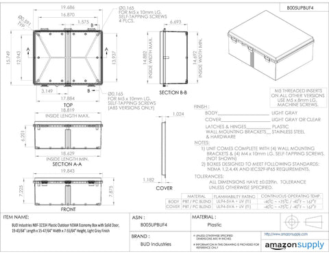 Technical drawing of Outdoor Plastic Electronics Enclosure, Poly PBT Blend, Weatherproof IP66 NEMA 1 2 4 4X, White dimensions and details.