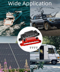 Backyard Builder 400 Amp Bus Bar Power Distribution Block With Six M8 Studs For 12V To 48V Marine And Automotive Battery Hookups solid copper terminals with boat, vehicle, solar panels, and RV image.
