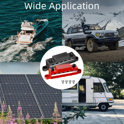 Backyard Builder 400 Amp Bus Bar Power Distribution Block With Six M8 Studs For 12V To 48V Marine And Automotive Battery Hookups solid copper terminals with boat, vehicle, solar panels, and RV image.