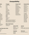 Compatibility list for Wood Fired Pizza Oven Attachment For Pellet Grills Turns Your Grill Into A Pizza Night Upgrade With A 13 Inch Square Stone Heat Ring And Adjustable Depth Plate For Traeger Pit Boss Camp Chef And More, showing compatible grill models from various brands including Pit Boss, Traeger, Camp Chef, Smokin Brothers, and more.