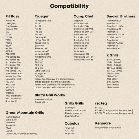 Compatibility list for Wood Fired Pizza Oven Attachment For Pellet Grills Turns Your Grill Into A Pizza Night Upgrade With A 13 Inch Square Stone Heat Ring And Adjustable Depth Plate For Traeger Pit Boss Camp Chef And More, showing compatible grill models from various brands including Pit Boss, Traeger, Camp Chef, Smokin Brothers, and more.