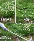Comparison of garden before and after using long handle weeding sickle with serrated and plain edged blade, field image.