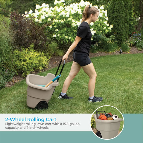 Person pulling Taupe 15.5 Gallon Resin Garden Cart On Wheels Lightweight Two Wheel Wheelbarrow for outdoor garden tasks
