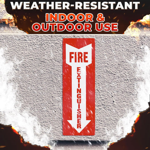 12 Pack High Visibility Fire Extinguisher Signs For Business 4 By 11.8 Inch Waterproof Vinyl Stickers displayed on a wall